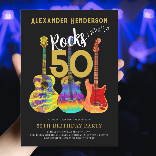 Invitation Rock and Roll 50e fête d'anniversaire (Rock and roll 50th birthday invitation for him funky guitars cool modern gold typography on black)
