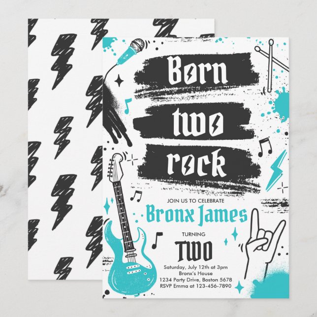 Invitation Rock and Roll Party Né Two Rock 2e anniversaire (Devant / Derrière)