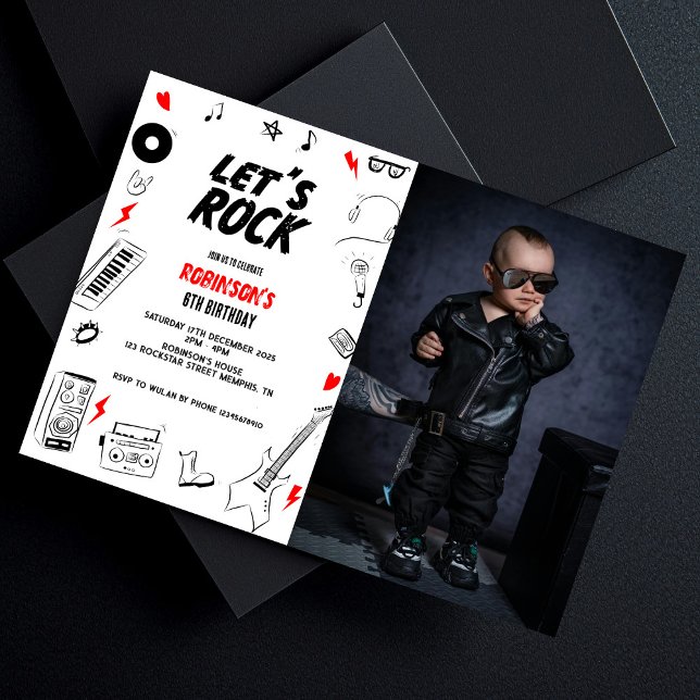 Invitation Rock blanc noir Rock n'Roll photo d'anniversaire (Créateur téléchargé)