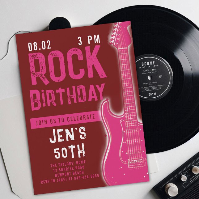Invitation Rock Music Musicien Guitare Adulte Rose Anniversai (music musician rock adult birthday party invitation women modern fun pink electric guitar modern)