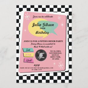 Invitation Rock N Roll 1950 Anniversaire Pink Retro Invitatio