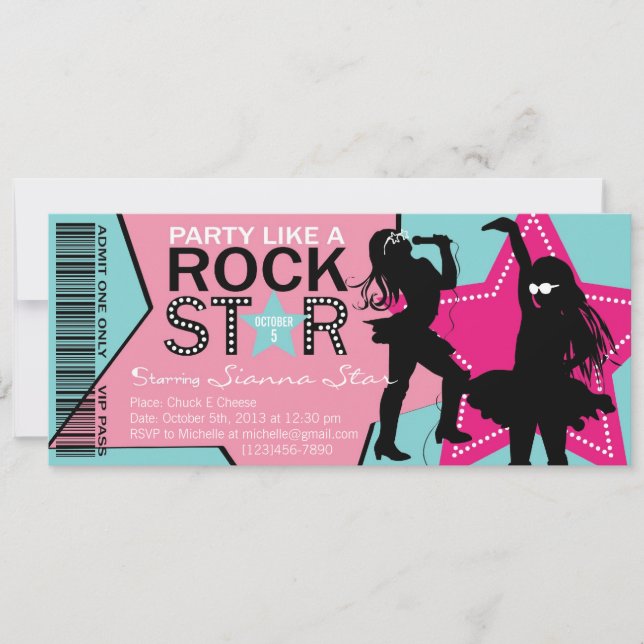Invitation Rock Star Girl Band Anniversaire Aqua Pink (Devant)