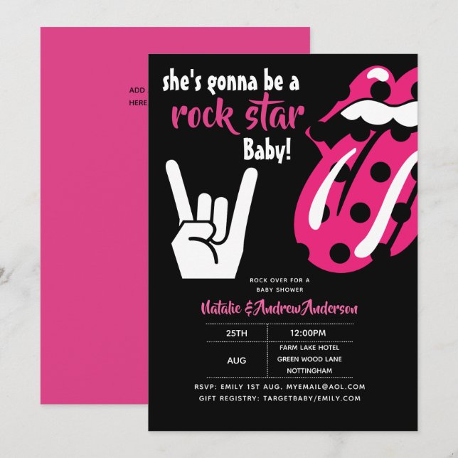 Invitation ROCK STAR Girls Baby shower Hot rose Modern Music (Devant / Derrière)