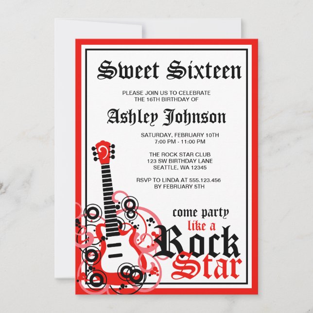 Invitation Rock Star Guitar Sweet 16 Anniversaire Party Rouge (Devant)