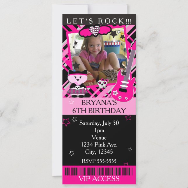 Invitation Rock Star Rose Kitty Chat Rose Billet VIP Soirée (Devant)