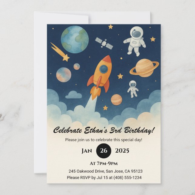 Invitation Rocket and Astronaut Space Adventure Birthday  (Devant)
