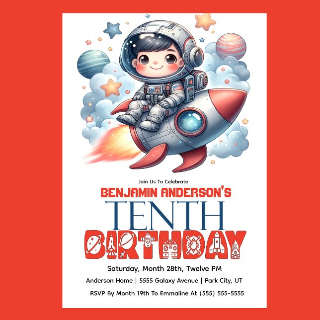 Invitation Rocket Astronaut Boy's 10th Birthday (Space astronaut boy riding rocket 10th birthday party invitation with planets and stars
)