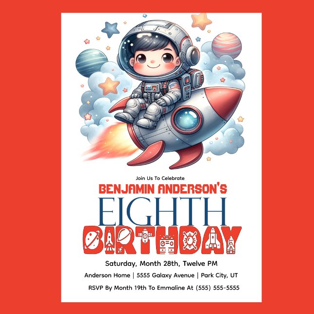 Invitation Rocket Astronaut Boy's 8th Birthday (Space astronaut boy riding rocket 8th birthday party invitation with planets and stars
)