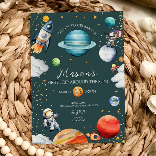 Invitation Rocket & Astronaut First Trip Around the Sun Space (Créateur téléchargé)