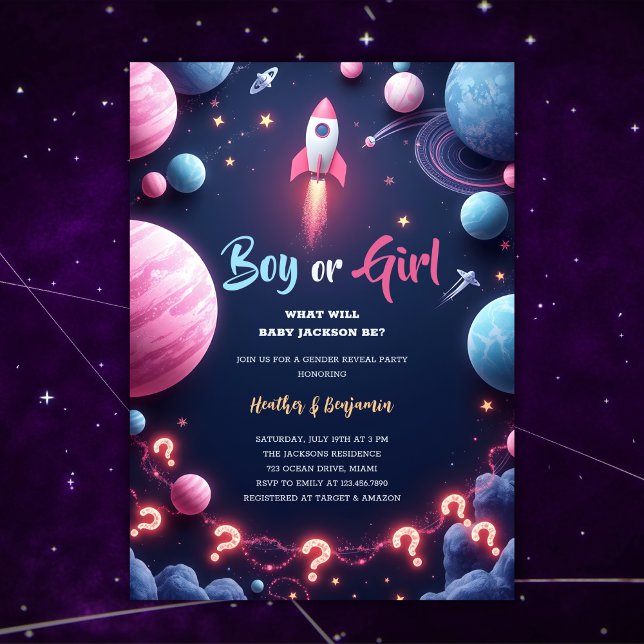 Invitation Rocket Planètes Espace Extérieur Garçon Fille Genr (Rocket Planets Outer Space Boy Girl Gender Reveal Invitation)
