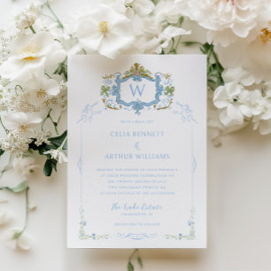 Invitation Rococo Bleu Monogramme Armoiries Mariage
