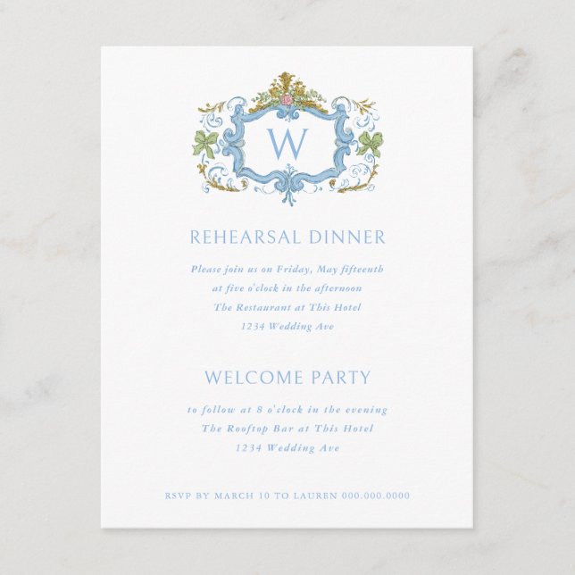 Invitation Rococo Blue Monogram Crest Rehearsal Dinner (Devant)