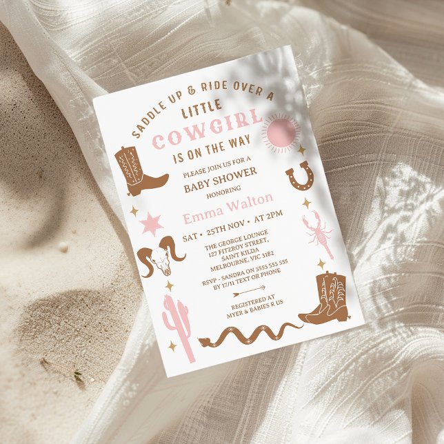 Invitation Rodéo Brown rose moderne Baby shower fille (Little Cowgirl Baby Shower Invitation, Western baby Shower Invitation Girl, Western, Southern, Wild )