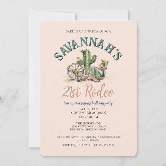 Invitation Rodéo d'Anniversaire de Cactus Rose (Devant)