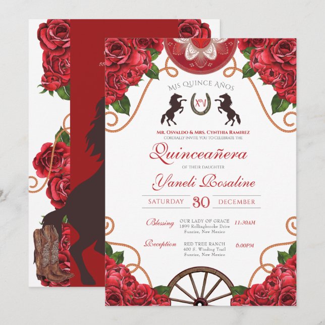Invitation Rodéo Rose rouge Ouest Charro Quinceanera (Devant / Derrière)