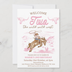 Invitation Rodéo rose vintage fille Wild West 2e anniversaire