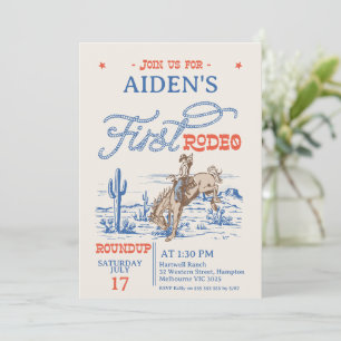 Invitation Rodéo vintage Bleu Rouge Bronco 1er anniversaire