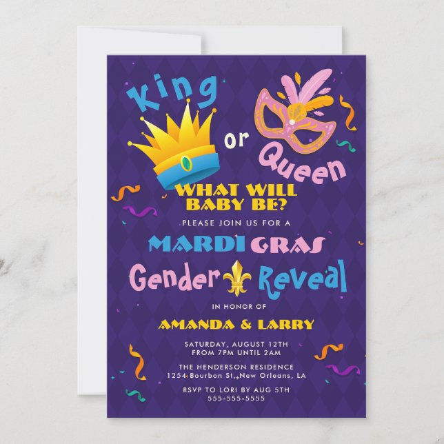 Invitation Roi ou Reine Mardi Gras Révélation de genre (Devant)