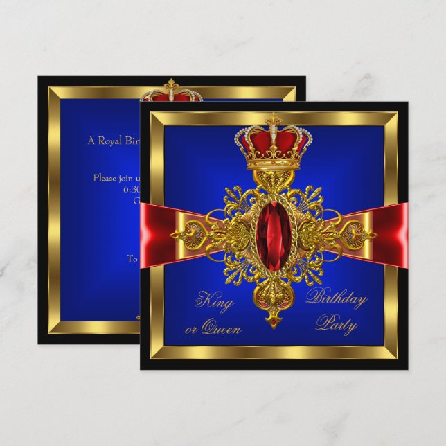 Invitation Roi ou Reine Royal Bleu Rouge fête d'anniversaire  (Devant / Derrière)