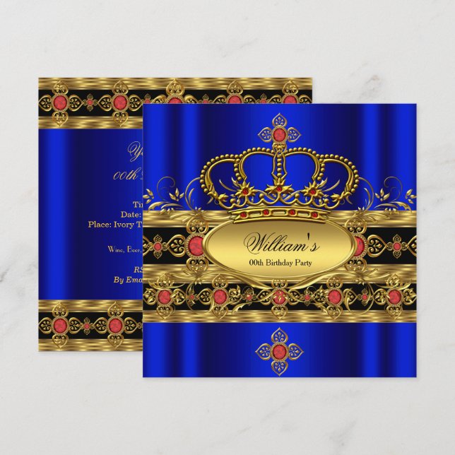 Invitation Roi Prince Royal Bleu Or Rouge Couronne Anniversai (Devant / Derrière)