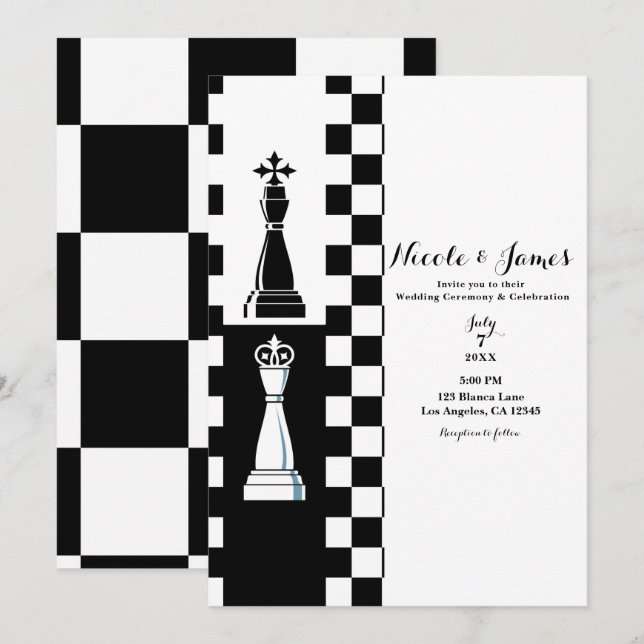 Invitation Roi Reine Échiquier Mariage Noir & Blanc (Devant / Derrière)