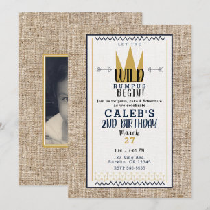 Invitation Roi Truc Sauvage Couronne Dorée Toile de Jute Fête