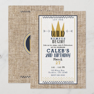 Invitation Roi Truc Sauvage Couronne Dorée Toile de Jute Fête