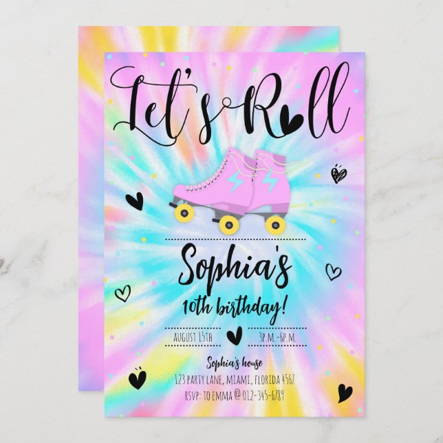 Invitation Roll Girl Tie Dye fête d'anniversaire (Devant / Derrière)