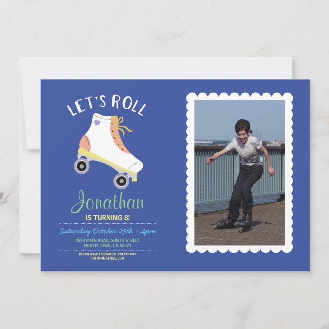 Invitation Roll Rollerskate Blue Birthday Party Photo (Devant)