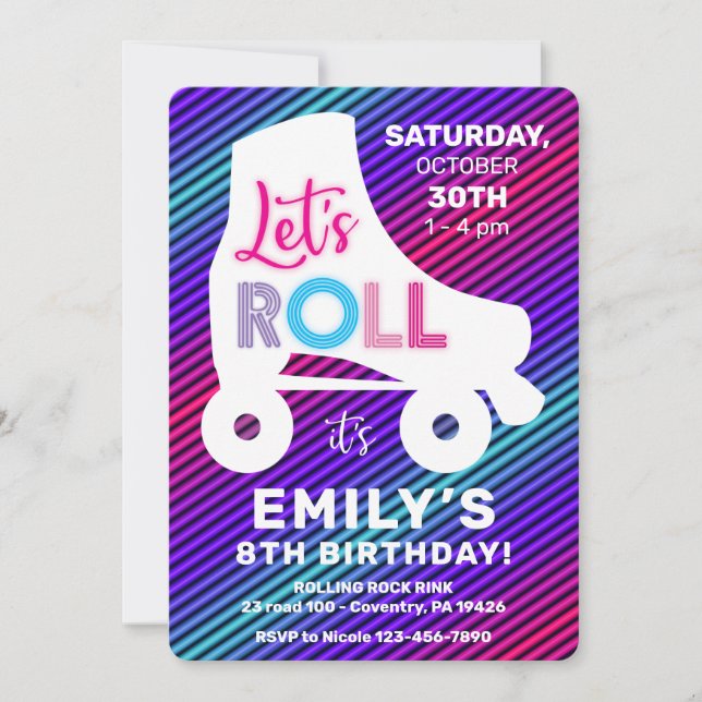 Invitation Roller Patins filles Rainbow Neon fête d'anniversa (Devant)