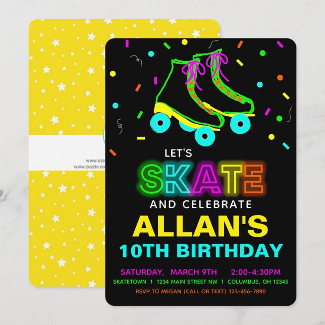 Invitation Roller Skate Glow Neon Anniversaire Fête Invitatio (Devant / Derrière)