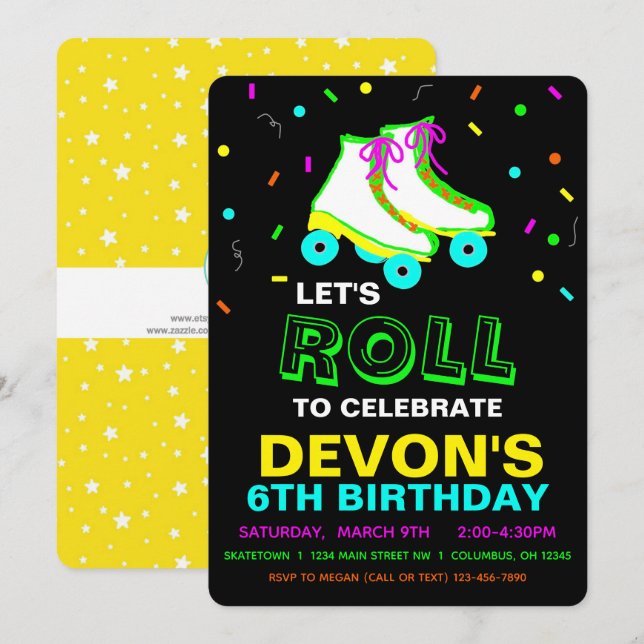 Invitation Roller Skate Neon fête d'anniversaire (Devant / Derrière)