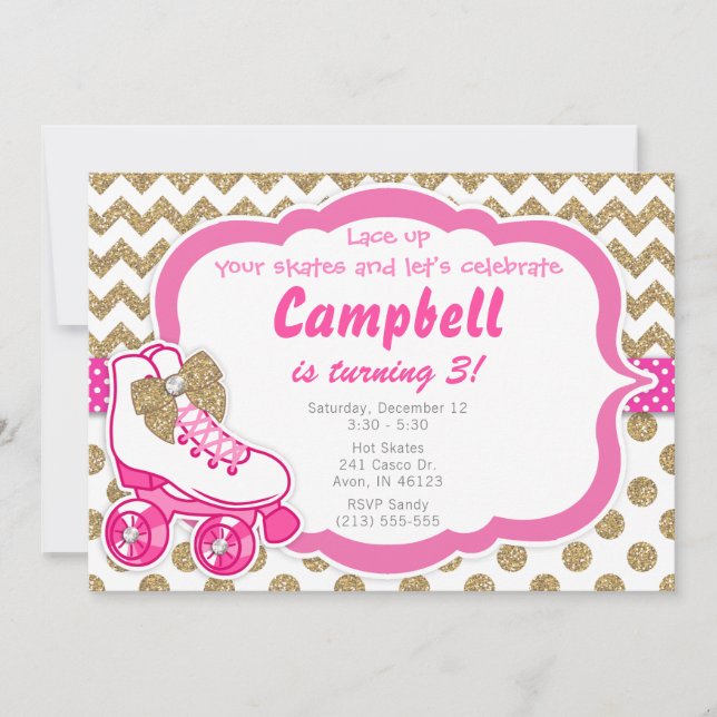 Invitation Roller Skate Parties scintillant Gold et rose Invi (Devant)