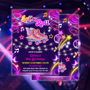 Invitation Roller Skate Retro Neon Glow Girl Fête d'anniversa