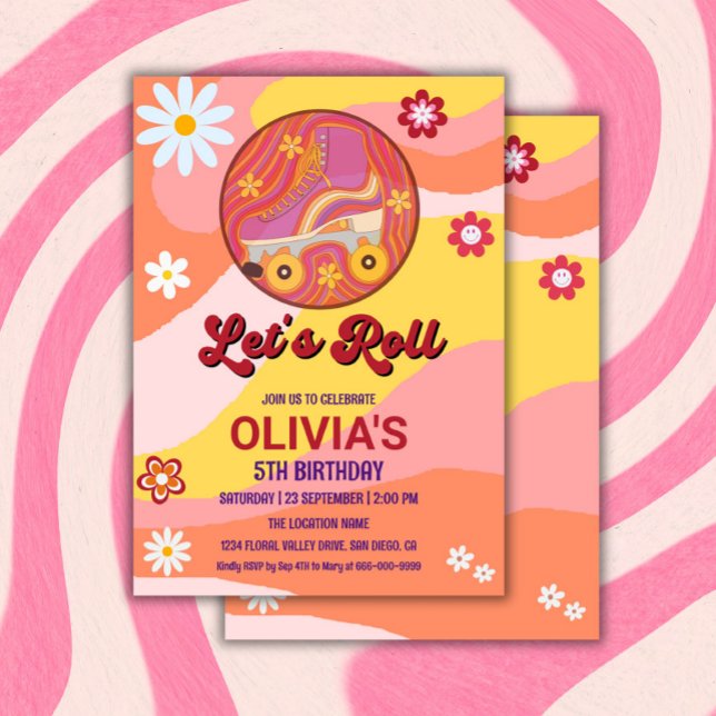 Invitation Roller Skate Super Retro Fille fête d'anniversaire (Lets roll groovy retro girl birthday party invitation)