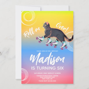 Invitation Roller Skates Kitten Black Rainbow fête d'annivers