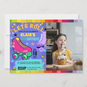 Invitation Roller Ski Arc-en-ciel Neon Filles Anniversaire I