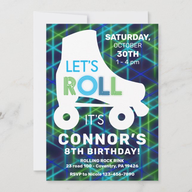 Invitation Roller Skings Boys Glow Neon fête d'anniversaire (Devant)