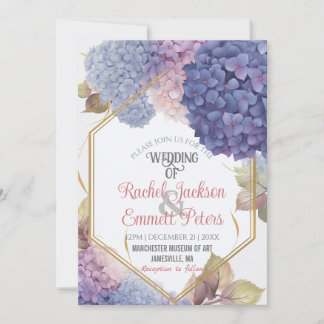 Invitation Romance Blue Hydrangea Blooms Mariage Gold Frame