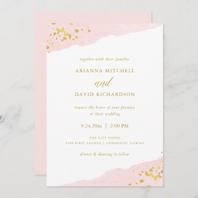 Invitation Romance blush| Aquarelle et Mariage Or (Devant / Derrière)