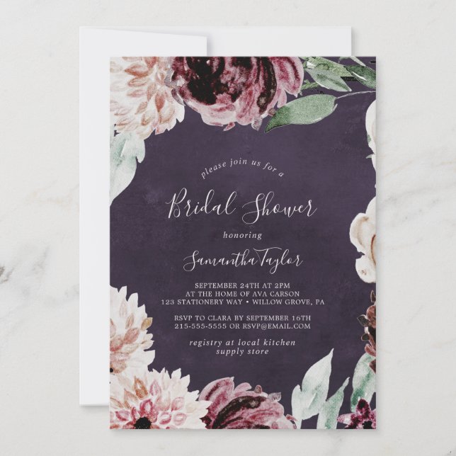 Invitation Romance florale | Fête des mariées de prune (Devant)