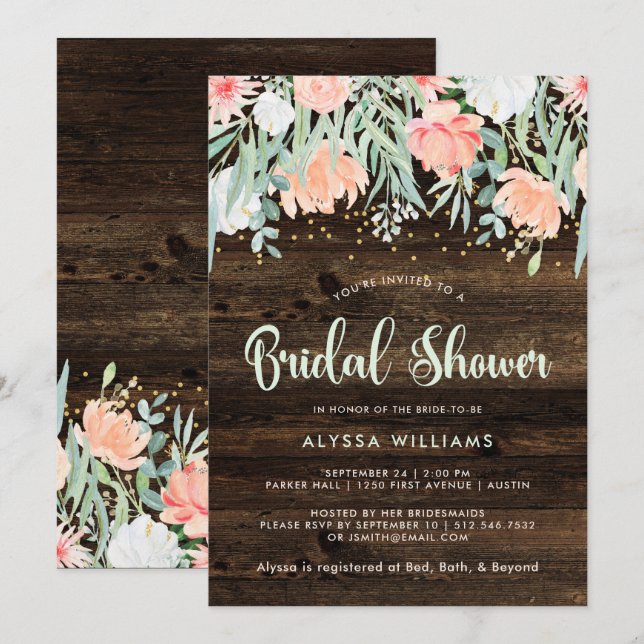 Invitation Romance florale rustique | FÊTE DES MARIÉES (Devant / Derrière)