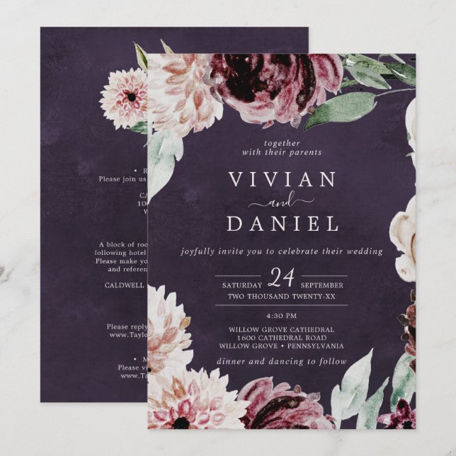 Invitation Romance Florale Tout en un | Mariage de prune (Devant / Derrière)