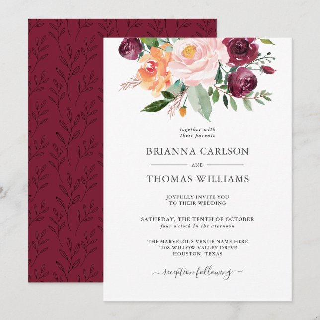 Invitation Romance rustique Bourgogne et Mariage floral rose (Devant / Derrière)