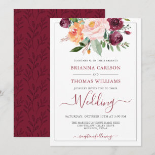 Invitation Romance rustique Bourgogne et Mariage floral rose