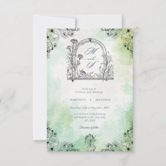 Invitation romance sombre vintage save the date vert 