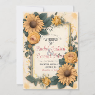 Invitation Romance Tournesol Mariage Rose Jaune Feuilles Cadr