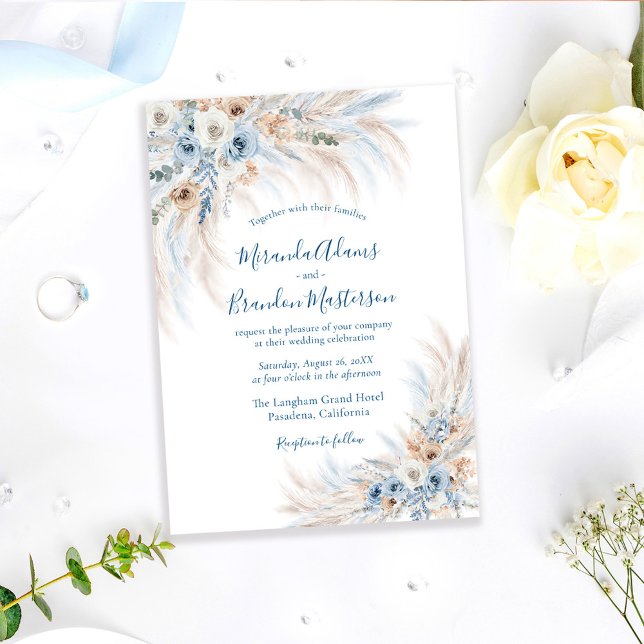Invitation Romantic Blue Calligraphy Floral Boho Wedding (Créateur téléchargé)