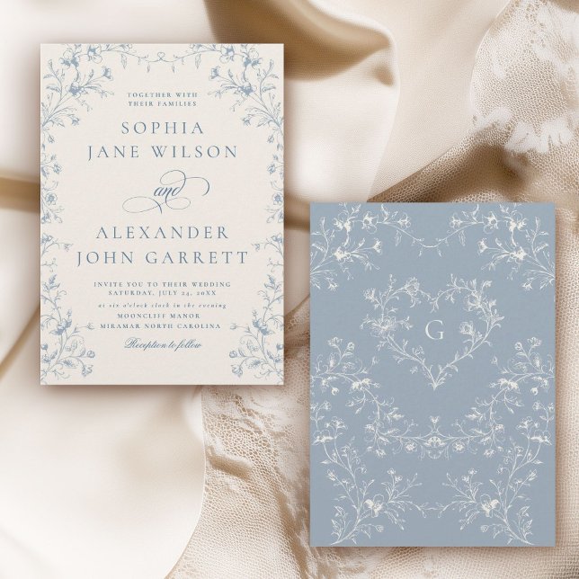 Invitation Romantic Blue Floral Monogram Wedding (Créateur téléchargé)