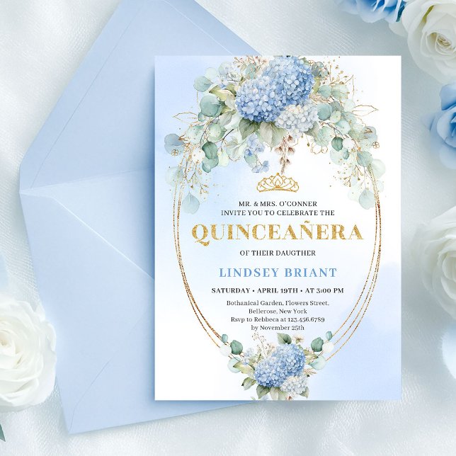 Invitation Romantic Blue Flowers Gold 15th Birthday Invite (Romantic Blue Flowers Gold 15th Birthday Invitation)